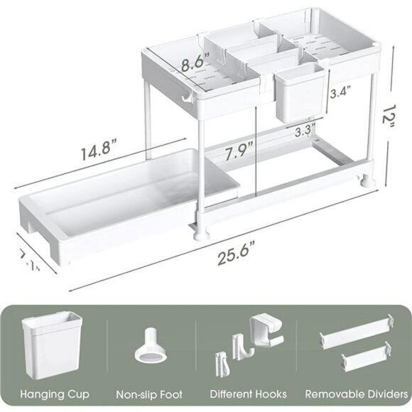 Under Sink Organizer, 2 Tier Under Bathroom Storage Rack with Hook - Picture 1 of 6